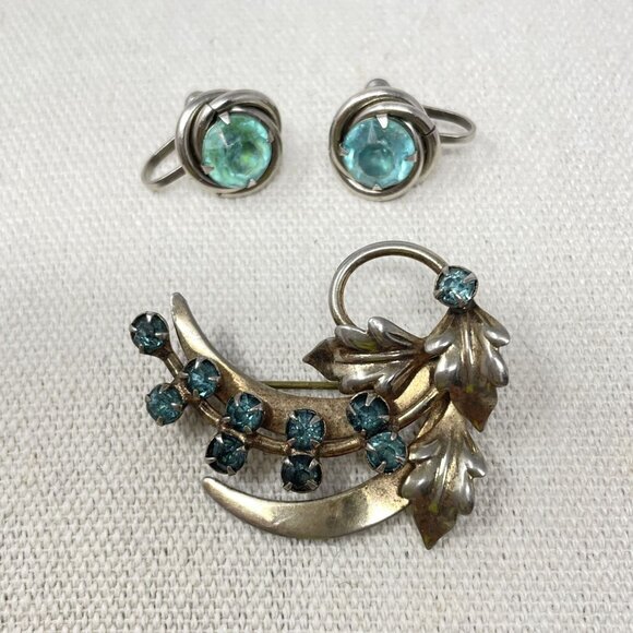 Vintage Silver-Tone Brooch & Earring Set Aqua Stones Leaves Floral Spray‎ Retro - Picture 1 of 11